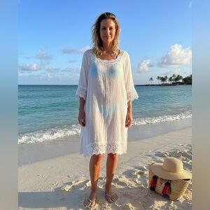 TALBOTS 100% Cotton Lace Trimmed Mini Dress / Beach Coverup 3/4 Sleeves US Sz 2X